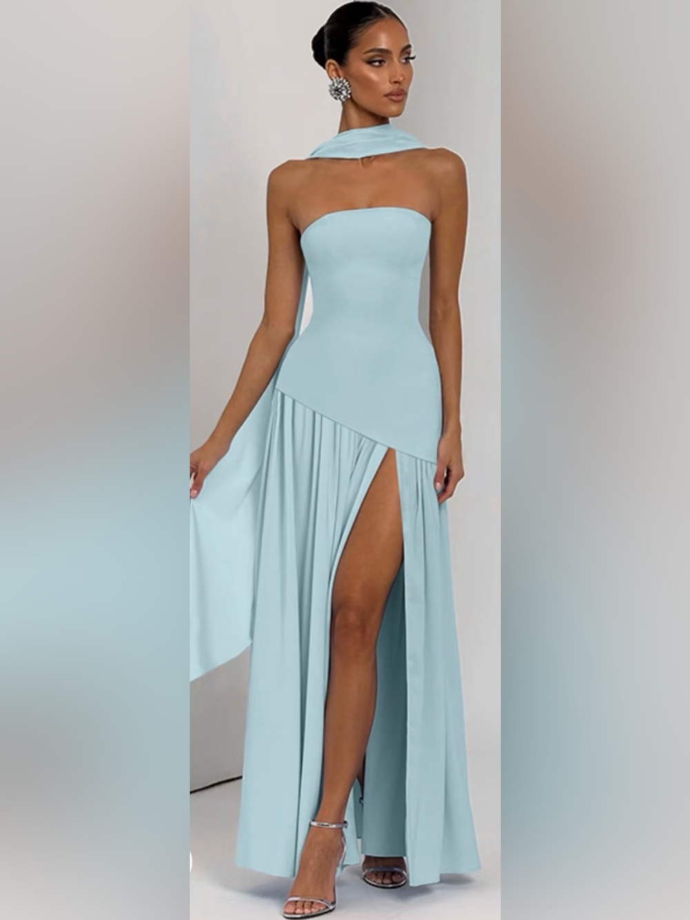 Light Blue Sleeveless High-Slit Maxi Dress